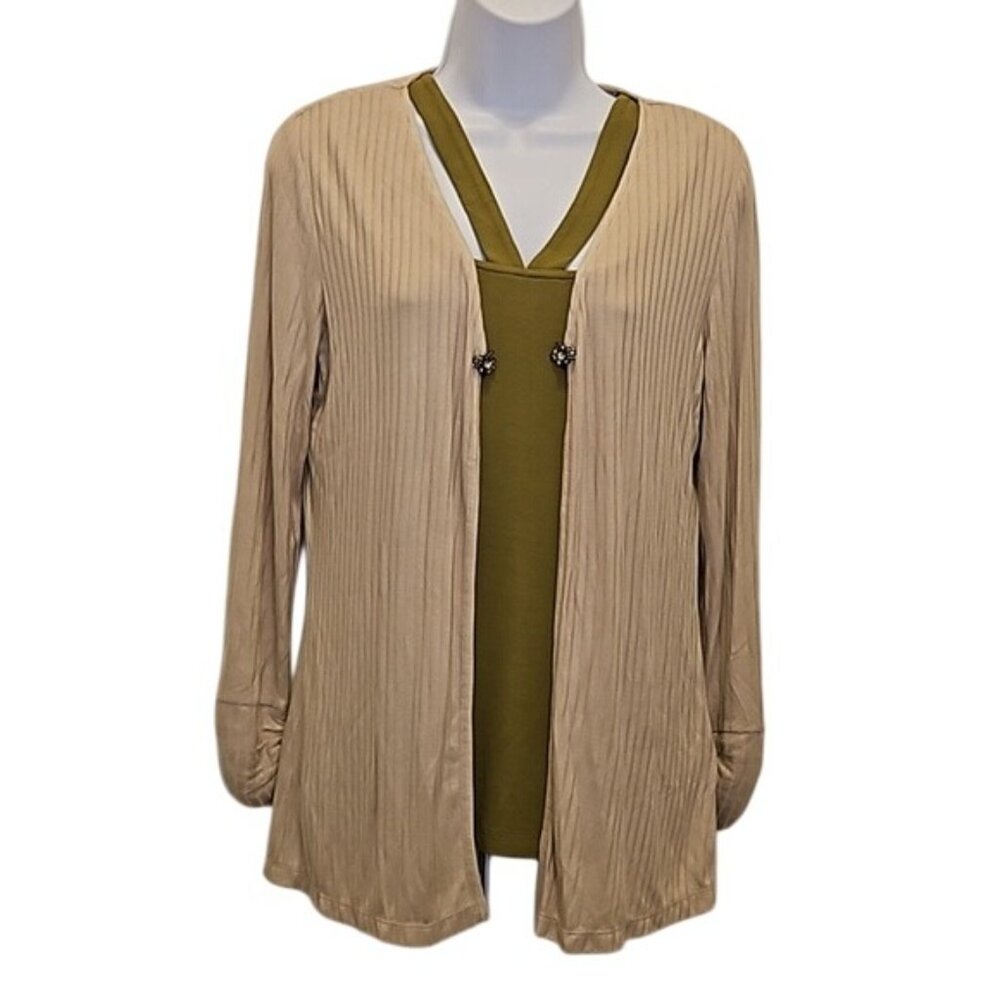 Doe & Rae Cardigan Size Small New Ribbed Tan Ruched Office Layering Stretch - Picture 8 of 10